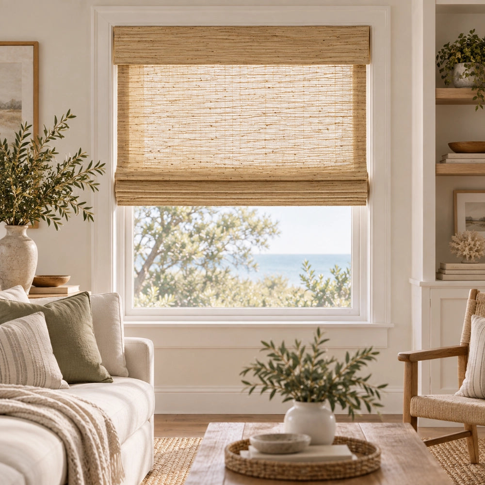 A woven natural-fiber roller blind in a warm beige tone, shown partially drawn on a window in a bright, modern living room with an ocean view.
