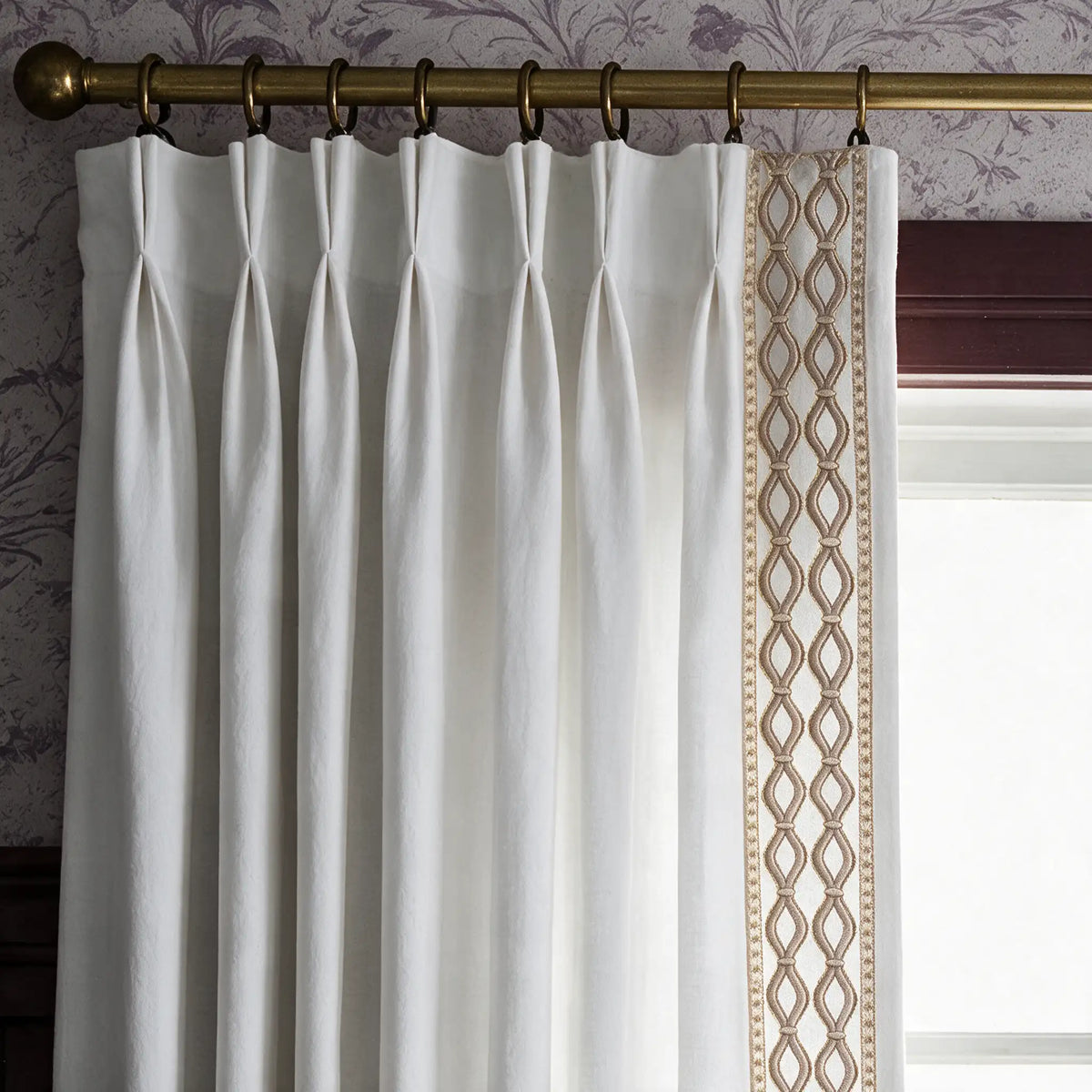French trim liz decorative trim sample showing the woven border pattern and texture, shown in a closer view of the fabric and silhouette.