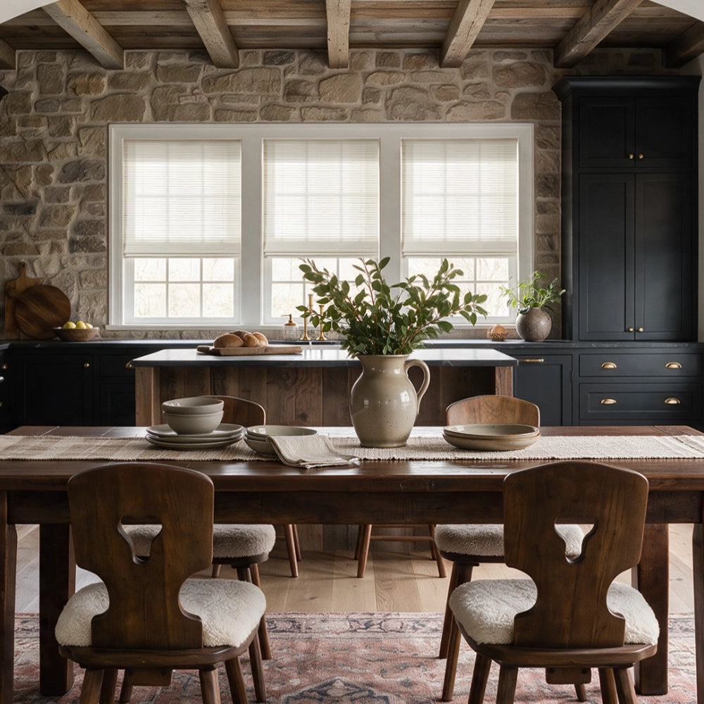 A rustic dining room scene with a wooden dining table and chairs in front of a stone wall and tall dark cabinets. A large ceramic vase with leafy stems sits on the table, and the room is styled with neutral-toned dishes, a rug, and exposed wood ceiling beams.