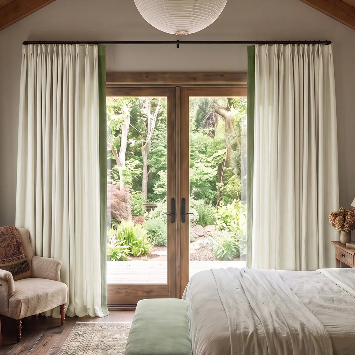 Two-tone pinch pleat curtains with a contrasting leading-edge border at a bright window, shown in a full-window view.