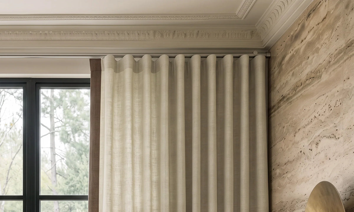 Close-up of ripple fold fabric showing folds and construction detail.