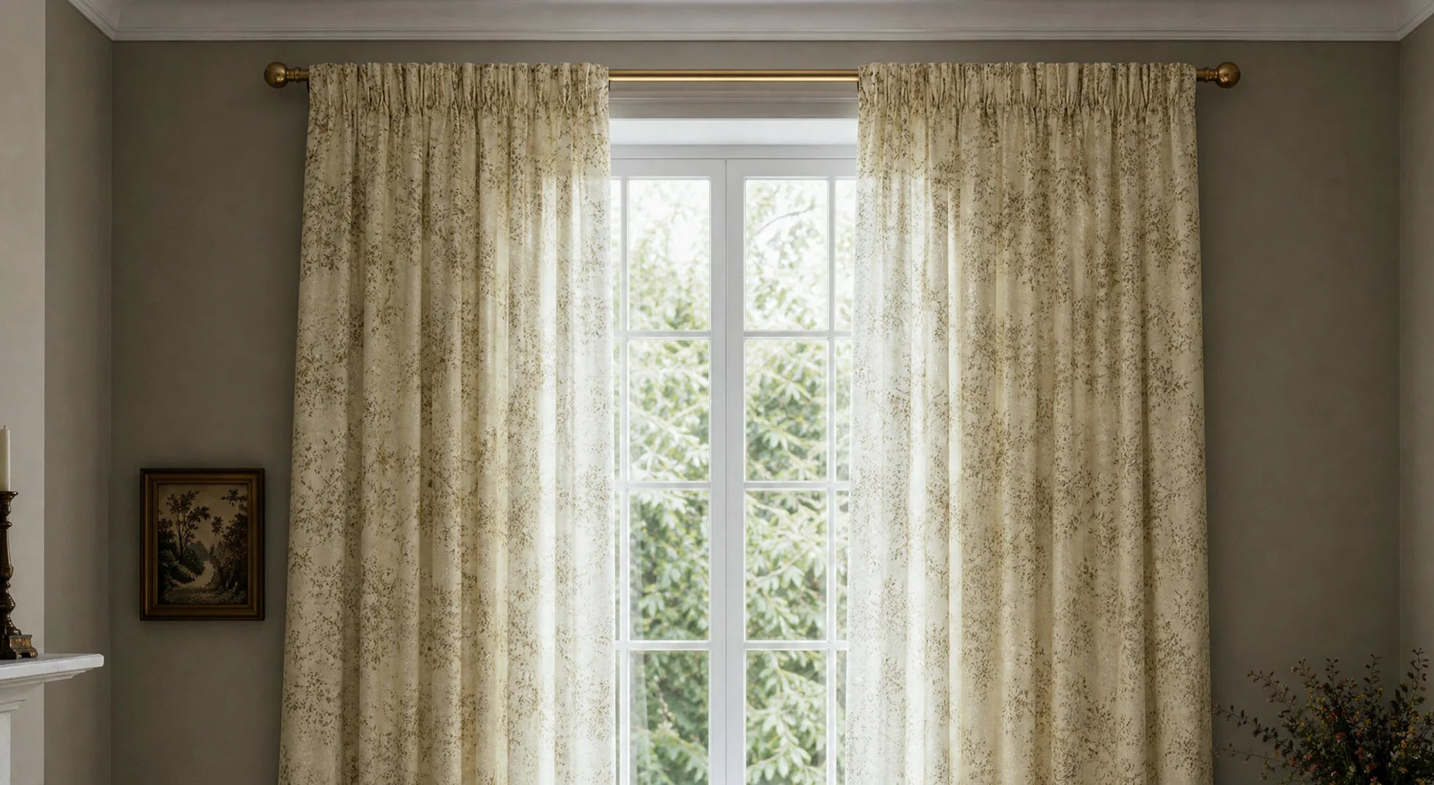 Floral patterned curtains on a window with a neutral wall and decor.