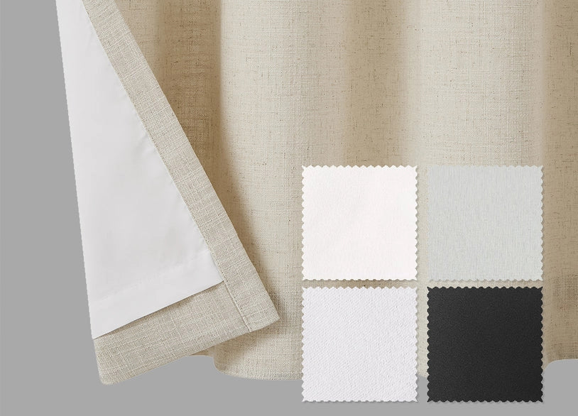 Curtain lining options displayed for selecting light control and fabric finish, from an alternate angle.