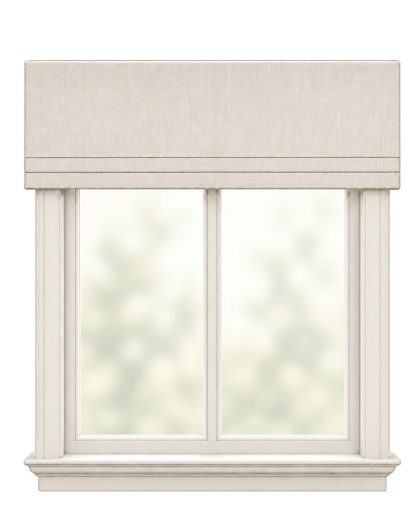 flat Roman shade partially lowered over a bright window, in a full product view.