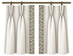 pinch pleat curtains framing a bright window in a neutral interior, in a wider room view.