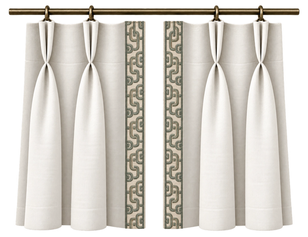 pinch pleat curtains framing a bright window in a neutral interior, in a wider room view.