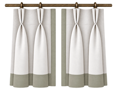 pinch pleat curtains framing a bright window in a neutral interior, with the fabric folds emphasized.