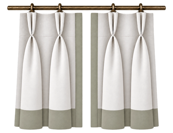 pinch pleat curtains framing a bright window in a neutral interior, with the fabric folds emphasized.