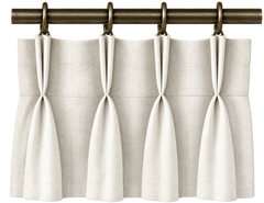 pinch pleat curtains framing a bright window in a neutral interior, with the pattern centered.