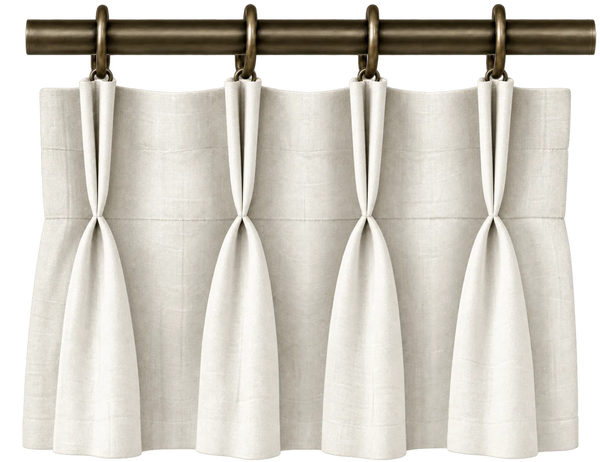 pinch pleat curtains framing a bright window in a neutral interior, with the pattern centered.