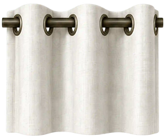 grommet curtains framing a bright window in a neutral interior, in a close material view.