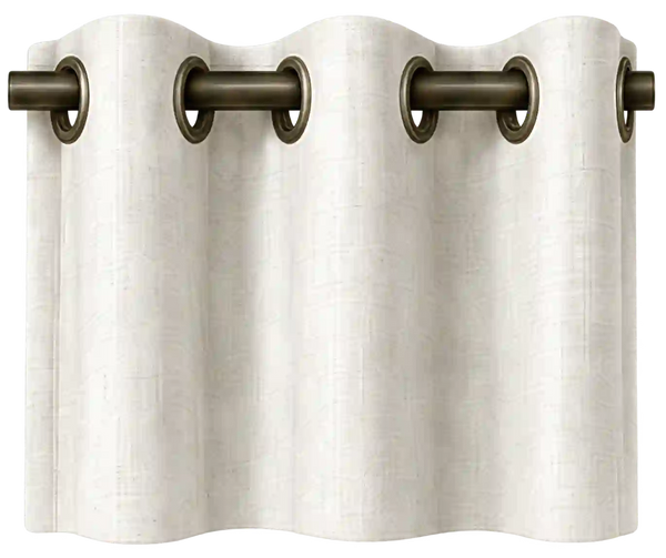 grommet curtains framing a bright window in a neutral interior, in a close material view.