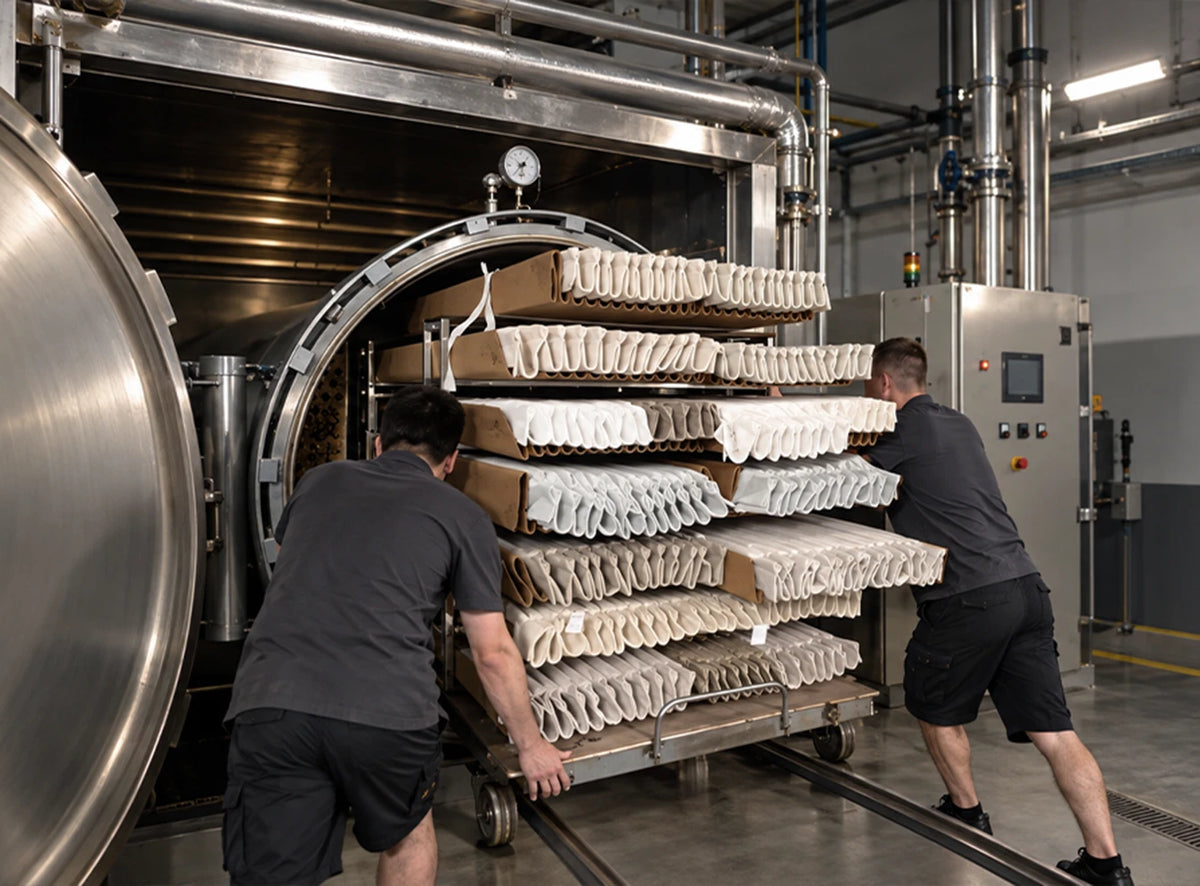 Drapery panels hanging evenly during controlled cooling and setting