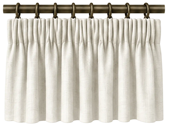 pencil pleat curtains framing a bright window in a neutral interior, in a close material view.