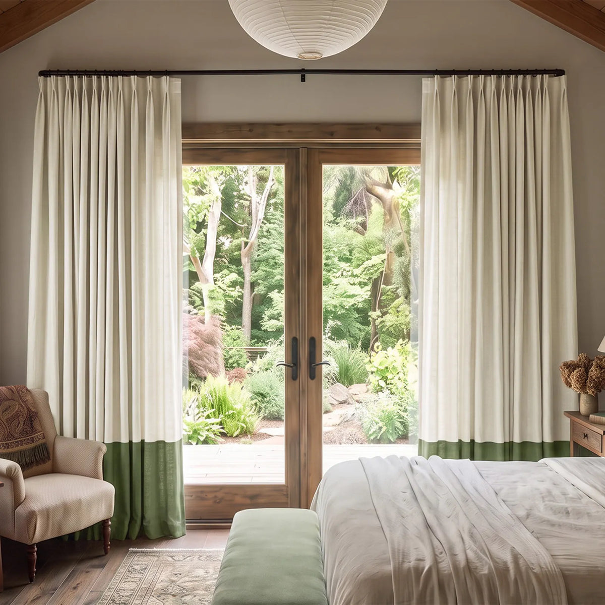 Two-tone pinch pleat curtains with a contrasting bottom border at a bright window, shown in a full-window view.
