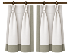 pinch pleat curtains framing a bright window in a neutral interior, with the finished edge visible.