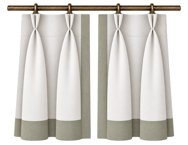 pinch pleat curtains framing a bright window in a neutral interior, with the finished edge visible.