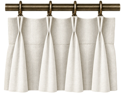 pinch pleat curtains framing a bright window in a neutral interior, in a tightly framed detail.