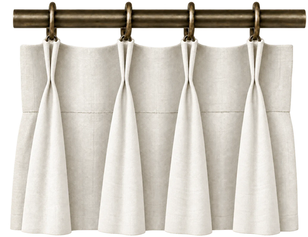 pinch pleat curtains framing a bright window in a neutral interior, in a tightly framed detail.