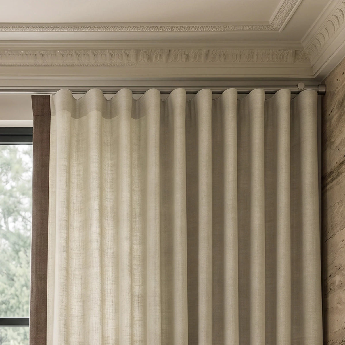 Close-up of two-tone ripple fold curtains showing the contrasting leading-edge border and fabric texture.