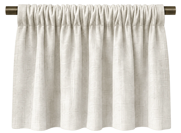 rod pocket curtains framing a bright window in a neutral interior, in a tightly framed detail.