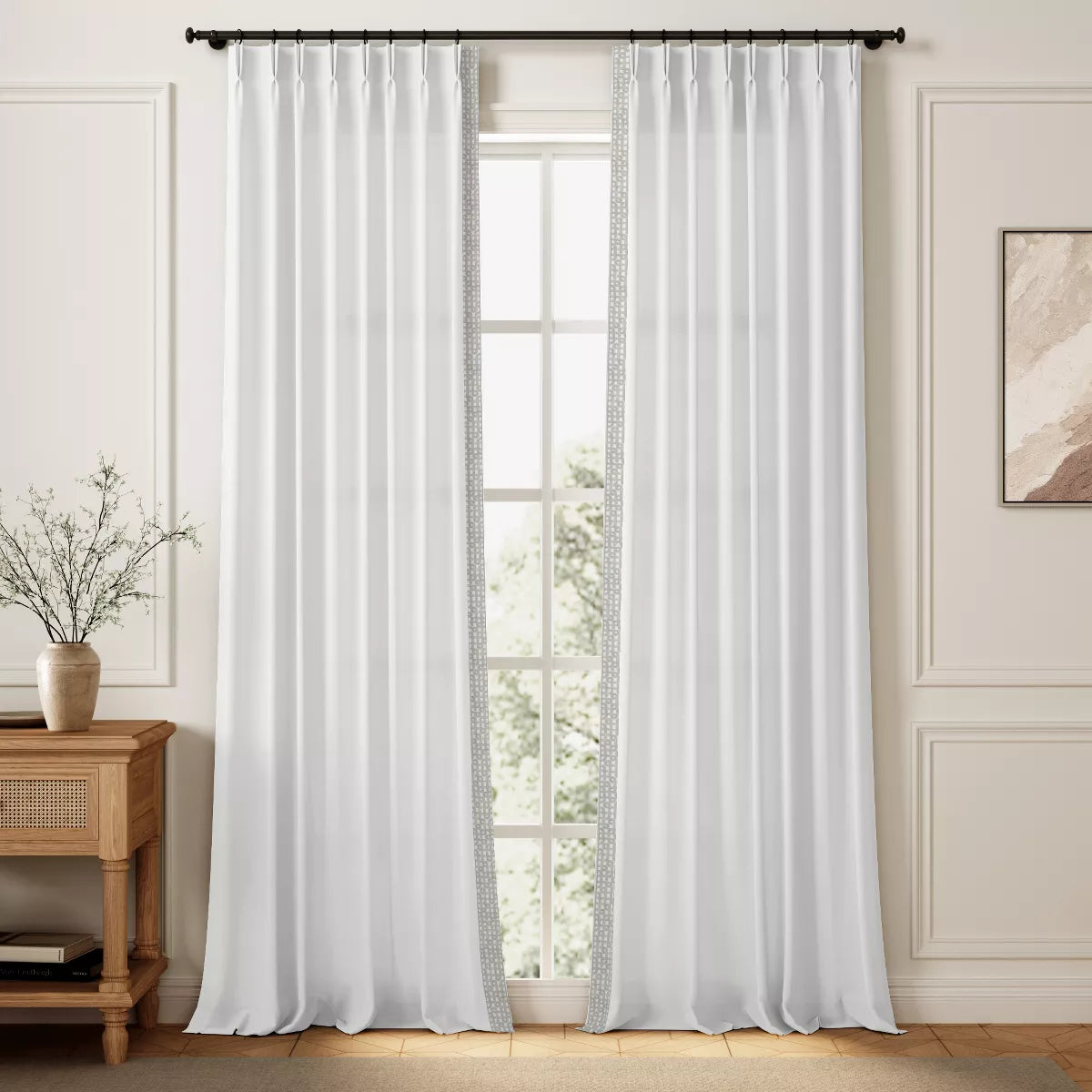 Livia Linen Cotton Blend French Pleat Drapery with Trim (Sold per Pair)