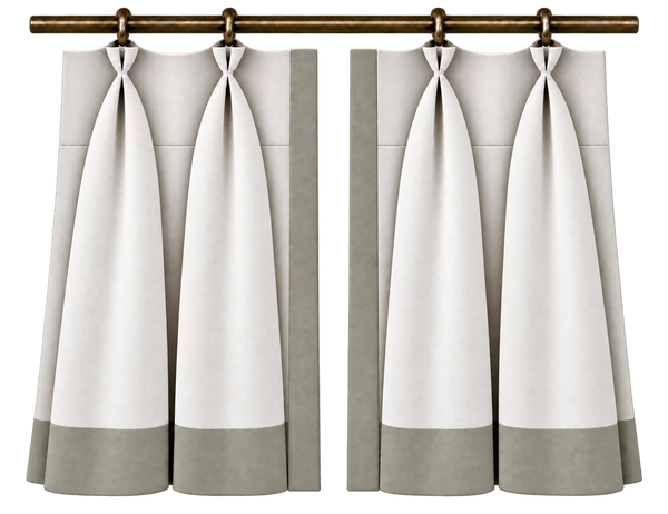 tailored pleat curtains framing a bright window in a neutral interior, in a centered composition.