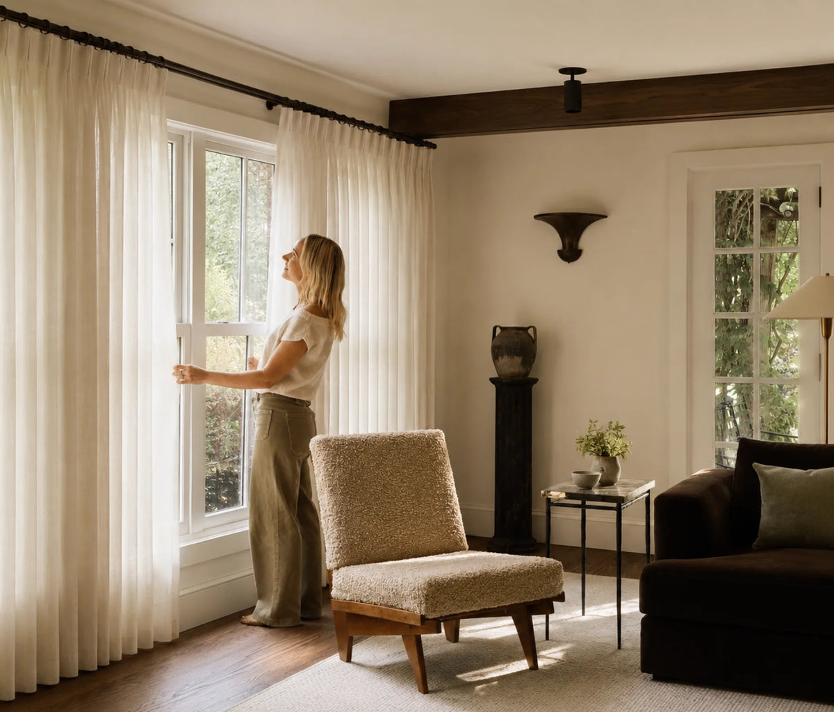 The benefits of a trained drape shown in a clear store content image, in a close material view.