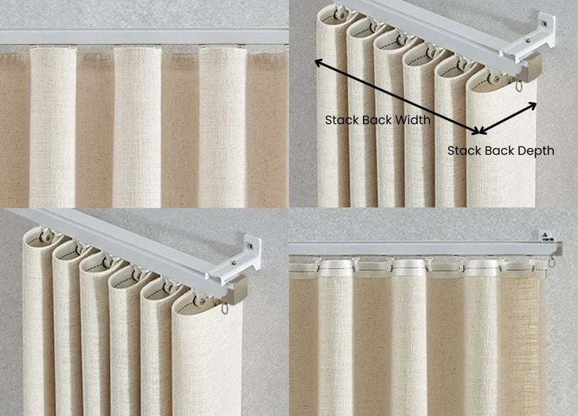 Curtain fabric folds arranged to demonstrate shape retention and drape.