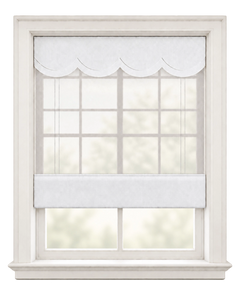 tailored fabric valance mounted above a bright window in a neutral room, with the surface texture filling the frame.