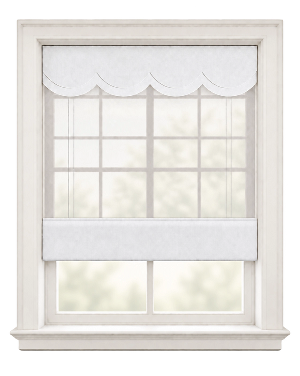 tailored fabric valance mounted above a bright window in a neutral room, with the surface texture filling the frame.